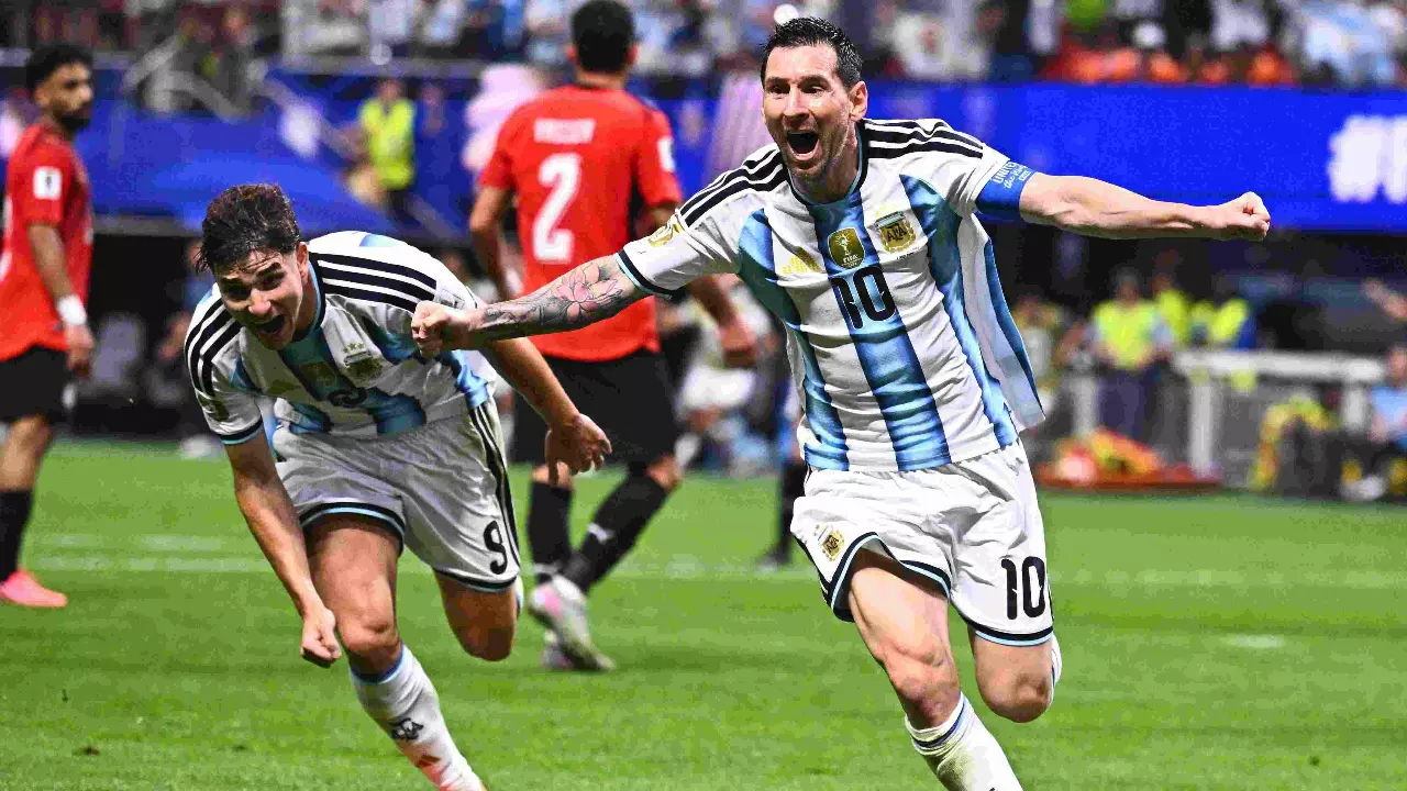 Argentinas Lionel Messi (10) is thrown in the air after the World Cup round of 16 soccer match between Argentina and Egypt in Atlanta