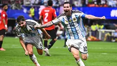 Argentinas Lionel Messi (10) celebrates scoring their second goal during the World Cup round of 16 soccer match between Argentina and Egypt in Atlanta