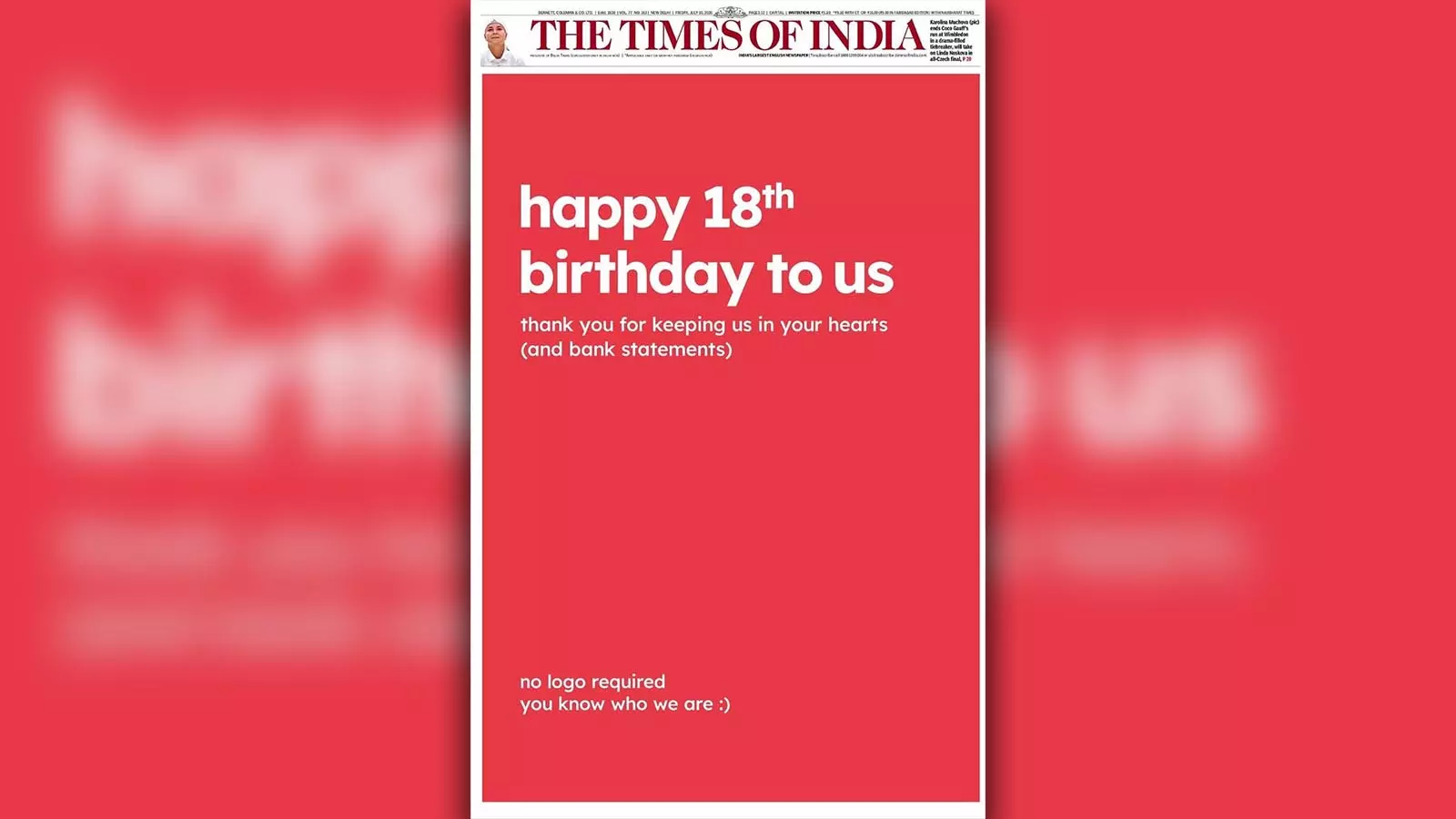 Zomatos 18th birthday ad, with no name or logo, sparks confusion Zomatos 18th birthday ad, with no name or logo, sparks confusion