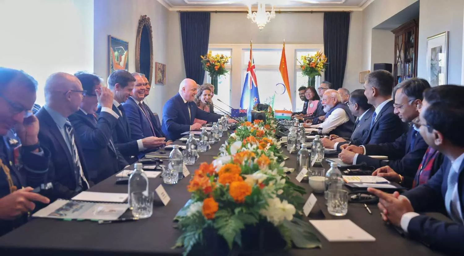 New Zealand PM Christopher Luxon (left), PM Narendra Modi, and others New Zealand PM Christopher Luxon (left), PM Narendra Modi, and others
