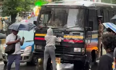 Rhiya Yadav, was seen blocking the path of the police van during protests in Dadar Rhiya Yadav, was seen blocking the path of the police van during protests in Dadar