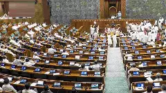 Opposition MPs stage a protest in the Lok Sabha