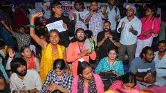 Students shout slogans during a protest against the Jharkhand government in Ranchi