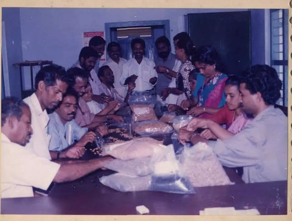 Panchayat members and officials packing seeds for distribution at the Kanjikkuzhy panchayat office in 1996. Photo: By special arrangement