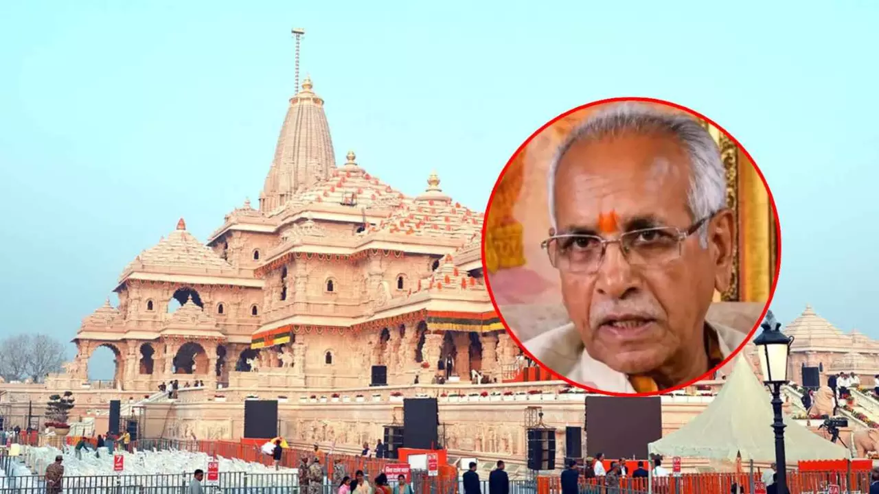 Champat Rai with Ayodhya Ram Temple in background