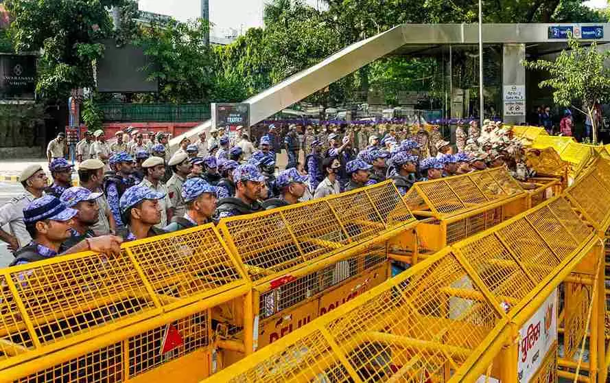 INDIA bloc MPs alleged that their bus was blocked by Delhi Police on the way to Jantar Mantar. PTI Photos INDIA bloc MPs alleged that their bus was blocked by Delhi Police on the way to Jantar Mantar. PTI Photos