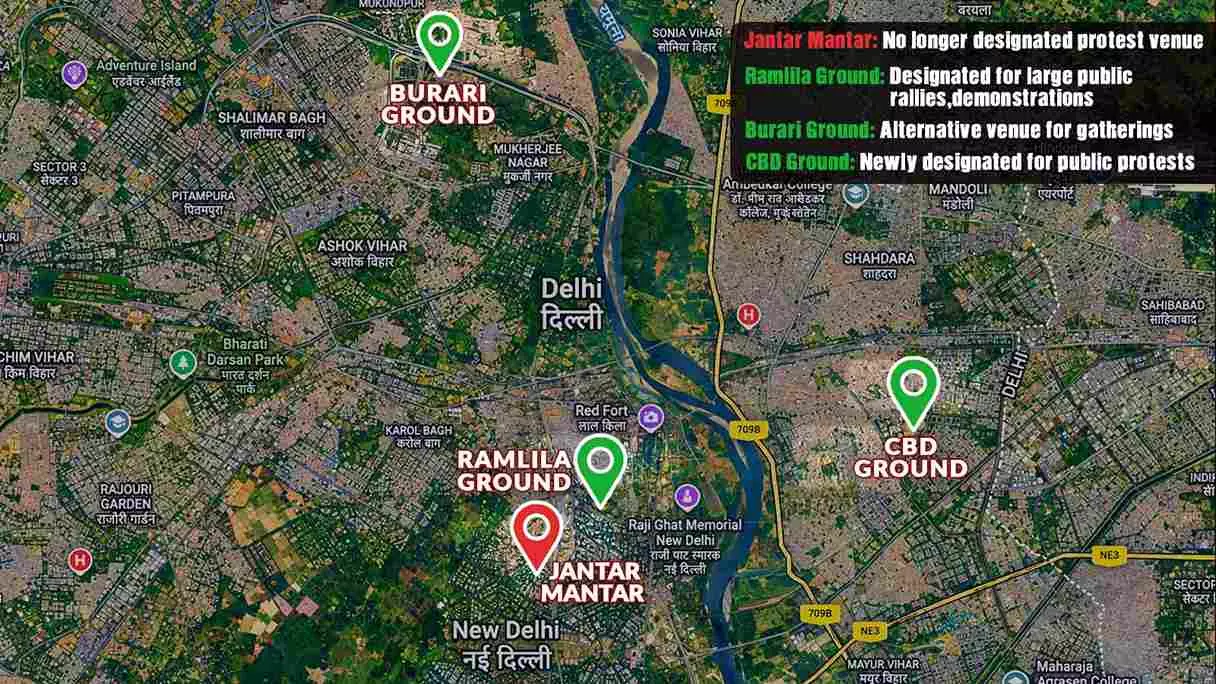 Map showing Jantar Mantar, denotified as a protest site, and the three new designated protest sites in Delhi: Ramlila Ground, Burari Ground and CBD Ground.
